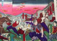 木版画 方円舎清親(小林清親)「甲佐戦争 鹿児島征討」明治10年 大判 3枚続き 彫工/彫銀 西郷隆盛 戦争画 錦絵 浮世絵 摺物 絵本
