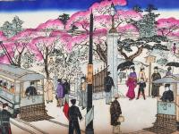 木版画「東京名所 日比谷公園門外電車通行之図」彩色 東京彩巧館 明治38年 大判 名所絵 東京開花 電車