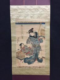 木版画 軸装 香蝶楼国貞「稚六芸之内 鳥」大判 錦絵 子供 嗜み 鳥籠 美人 浮世絵 古箱