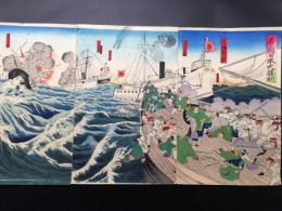 木版画 小国政/画「帝国日本大勝利」明治27年 3枚続き 大判 戦争絵 日清日露戦争
