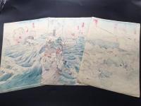 木版画 小国政/画「帝国日本大勝利」明治27年 3枚続き 大判 戦争絵 日清日露戦争