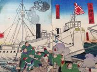 木版画 小国政/画「帝国日本大勝利」明治27年 3枚続き 大判 戦争絵 日清日露戦争
