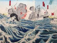木版画 小国政/画「帝国日本大勝利」明治27年 3枚続き 大判 戦争絵 日清日露戦争