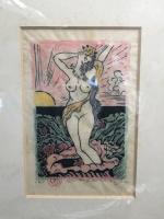 日下里美 木版画「ヴィーナスの誕生」直筆サイン 朱落款 額装(36×31) 本紙(16×11) 真作