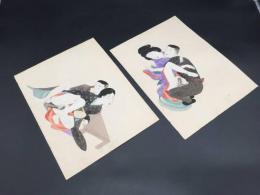 春画 2枚 肉筆 水彩 大正時代 紙本 大判 24×31 猥画 枕絵 あぶな絵