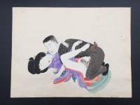 春画 2枚 肉筆 水彩 大正時代 紙本 大判 24×31 猥画 枕絵 あぶな絵