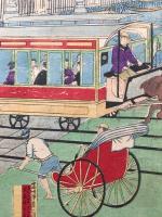 木版画 歌川広重(三代目)「鉄道馬車往復京橋煉瓦造ヨリ竹河岸図」3枚続きのうち左1枚 明治15年
