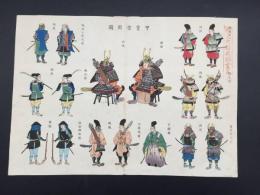 木版画「甲胄着用図」明治期 武具/武者/兜/刀剣 武将 雑兵