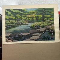 井堂雅夫　金沢十景　文化財「兼六園雁行橋」137/200金沢 の名所1975作　木版画和紙マット薄紙付