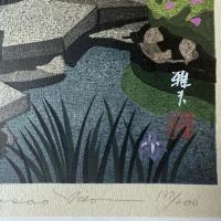 井堂雅夫　金沢十景特別名勝「兼六園雁行橋」137/200金沢 名所1975作　木版画和紙マット薄紙　台紙