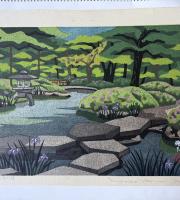 井堂雅夫　金沢十景特別名勝「兼六園雁行橋」137/200金沢 名所1975作　木版画和紙マット薄紙　台紙