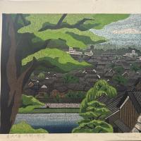 井堂雅夫　金沢十景「浅野川眺望」137/200金沢 名所1975年作　木版画和紙マット薄紙　台紙