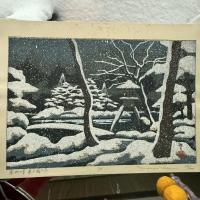 井堂雅夫　金沢十景「兼六園の冬」137/200金沢 名所1975作　木版画和紙マット薄紙　台紙