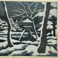井堂雅夫　金沢十景「兼六園の冬」137/200金沢 名所1975作　木版画和紙マット薄紙　台紙