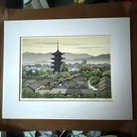 古都　古代の里　八坂コレクション5枚　真作　井堂雅夫木版画　大和風景「古代の里いかるが」額1点とマット付シート4 計5点