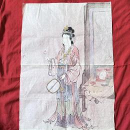 江戸期　絵手本　最高傑作「団扇と二輪草を持つ中国麗人　粉本　絵手本　紙本肉筆　無署名無落款一点①