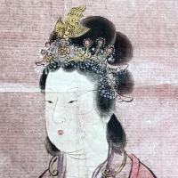 江戸期　絵手本　最高傑作「団扇と二輪草を持つ中国麗人　粉本　絵手本　紙本肉筆　無署名無落款一点①