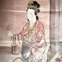 江戸期　絵手本　最高傑作「団扇と二輪草を持つ中国麗人　粉本　絵手本　紙本肉筆　無署名無落款一点①