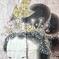江戸期　絵手本　最高傑作「団扇と二輪草を持つ中国麗人　粉本　絵手本　紙本肉筆　無署名無落款一点①