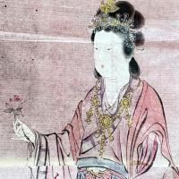 江戸期　絵手本　最高傑作「団扇と二輪草を持つ中国麗人　粉本　絵手本　紙本肉筆　無署名無落款一点①