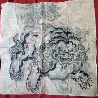 粉本　超絶の画力「青い唐獅子」スクエアでリバーシブル　粉本　絵手本　紙本肉筆　無署名無落款一点⑩