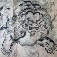 粉本　超絶の画力「青い唐獅子」スクエアでリバーシブル　粉本　絵手本　紙本肉筆　無署名無落款一点⑩