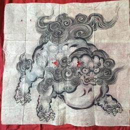 粉本超絶の傑作「青い唐獅子」スクエア　粉本　絵手本　紙本肉筆　署名　新井寒竹筆　一点⑪
