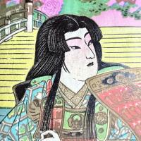 GOLD美しい売薬引き札　巴御前と義仲「一天感気圓　製薬元祖　濱谷神天堂」落款あり