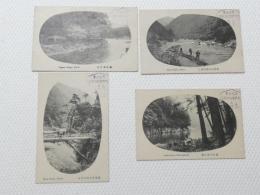 1000334■戦前 絵葉書■保つ川急流筏流し+嵐山乗舟場+保津川清瀧川落合+嵐山千鳥か淵 4枚