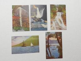 1000466■戦前 絵葉書■日光 瀧 5枚 (瀧 滝 小舟　漕ぐ 橋 ヨット)　5枚 カラー