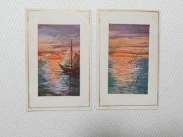 1000477■戦前 絵葉書■アート　画 海 夕日 鶴 舟　船 2枚