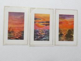 1000486■戦前 絵葉書■アート　画 海　夕日　ヨット　カモメ　鳥　 3枚