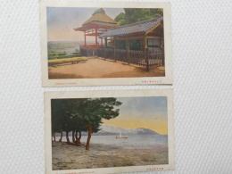 1000511■戦前 絵葉書■近江比良之暮雪　近江石山寺月見寺 2枚(船　舟）1枚裏面書込み