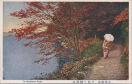 1000856■戦前 絵葉書■京都嵐山 千鳥ヶ淵附近　(女性　着物　日傘)