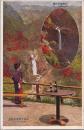 1000970■戦前 絵葉書■栃木 日光 方等瀧の紅葉（お酒　ビール 女性 店員)