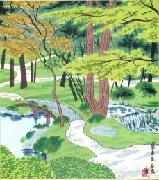 （木版画色紙）徳力富吉郎「真真庵庭園」