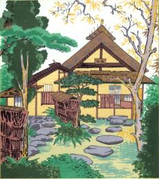 （木版画色紙）徳力富吉郎「千家の庭」