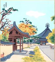 （木版画色紙）徳力富吉郎「法隆寺秋色」