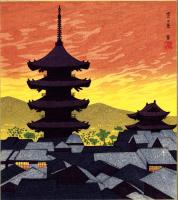 （木版画色紙）徳力富吉郎「京の夕景」