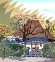 （木版画色紙）徳力富吉郎「落柿舎」