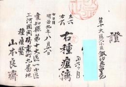 （種痘済證）第十大区三小区鍛冶屋村　-明治9年-（愛知県）
