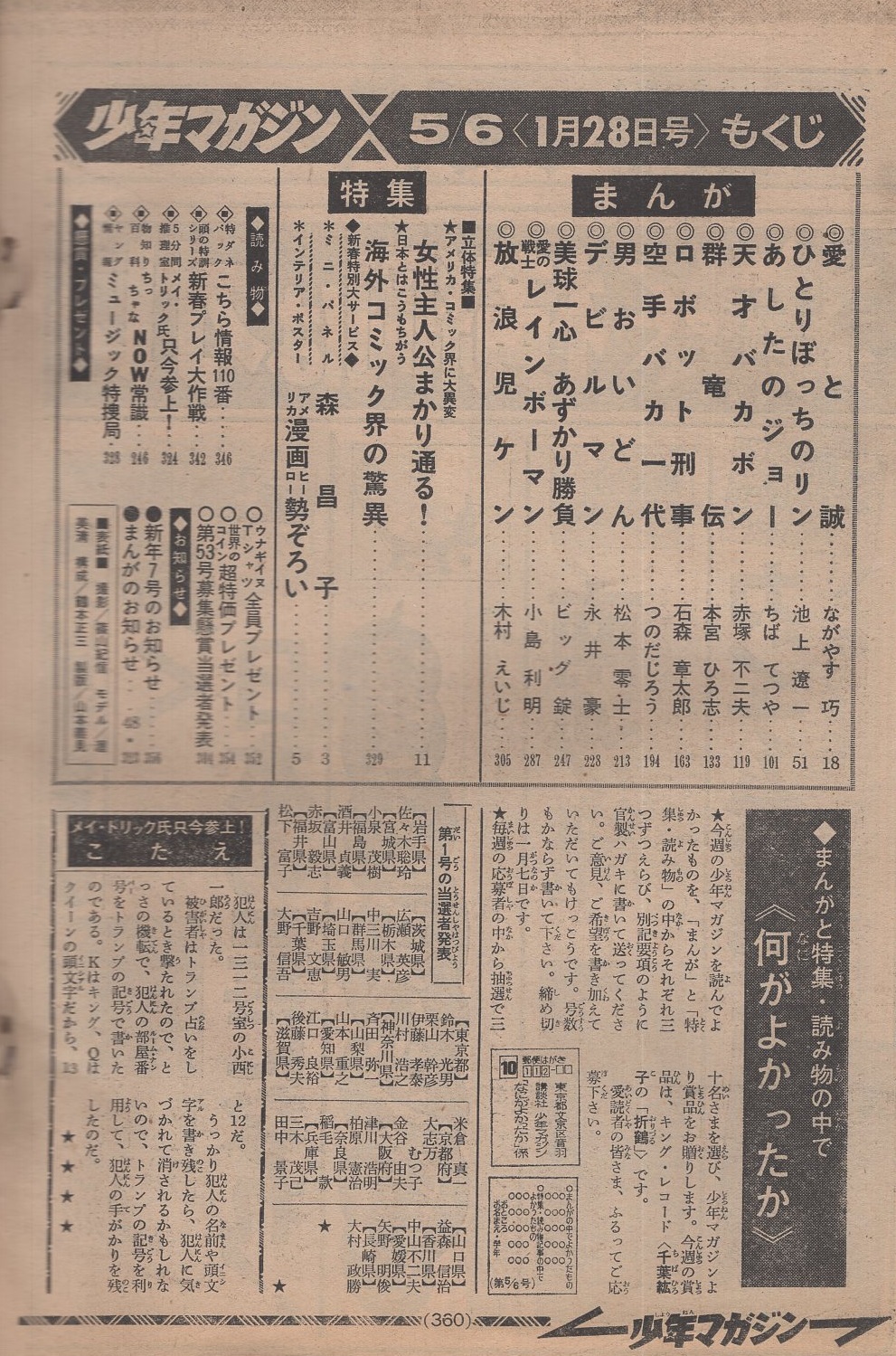 週刊少年マガジン 昭和48年5・6合併号 昭和48年1月28日号 表紙