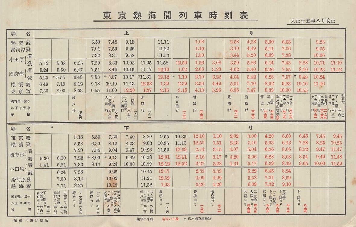 東京熱海間列車時刻表 大正15年8月改正 (静岡県・古屋旅館) / 古本