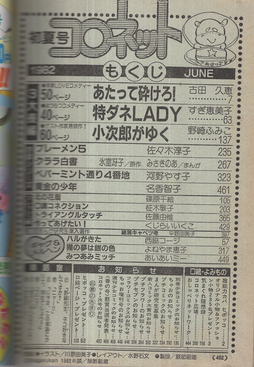 コロネット 昭和57年初夏号 昭和57年6月 表紙画 川原由美子 平野由美子 第73回まんが研究生準入選作 練馬キャベツ考 古田久恵 すぎ恵美子 野崎ふみこ 佐々木淳子 みさきのあ 河野やす子 名香智子 篠原千絵 柾木敬子 佐藤由惟 くじらいいくこ 伊東古本店