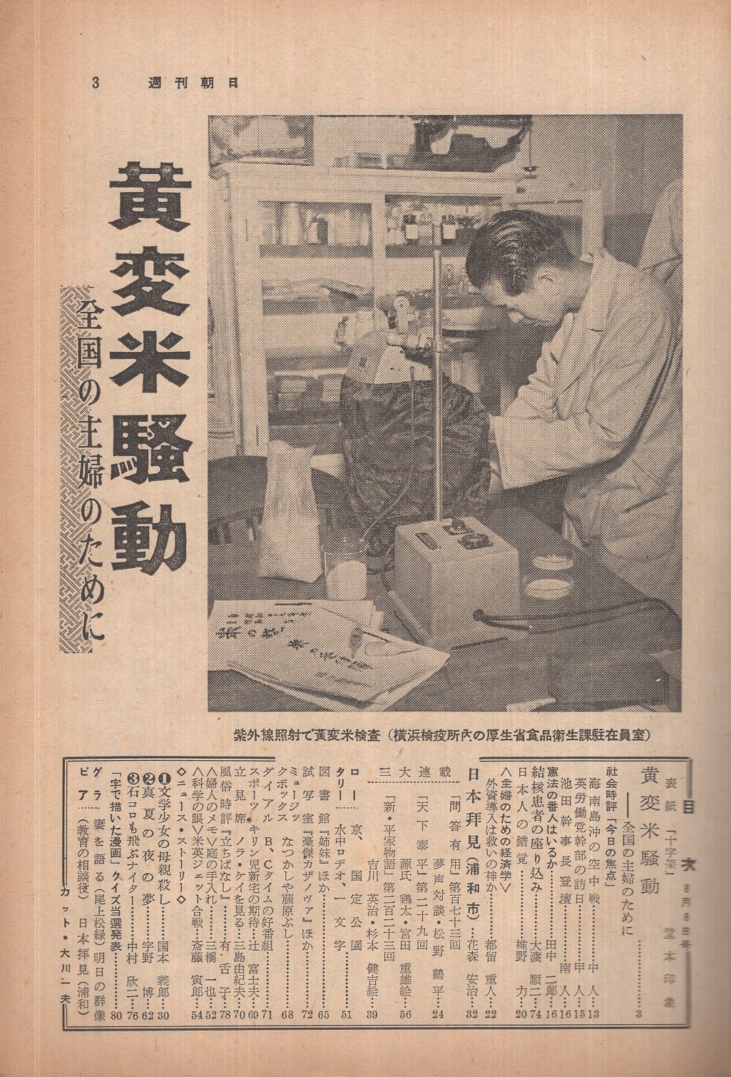 週刊朝日 昭和29年8月8日号 表紙画 堂本印象 十字架 黄変米騒動 全国の主婦のために 10頁 三島由紀夫 ノラ ケイを見る 1頁 問答有用173 夢声対談 松野鶴平vs徳川夢声 6頁 妻を語る 尾上松緑 モノクロ1頁 フランキー堺と1時間 1頁 連載