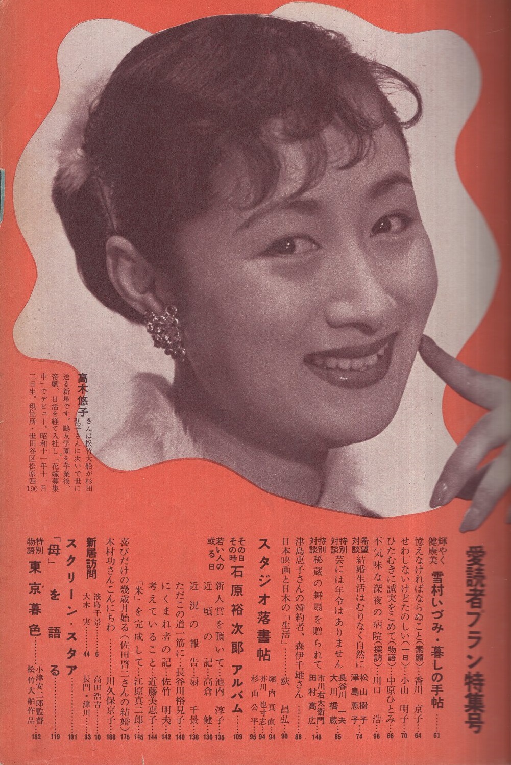 映画ファン 昭和32年5月号 表紙モデル・野添ひとみ(〈カラー 中村