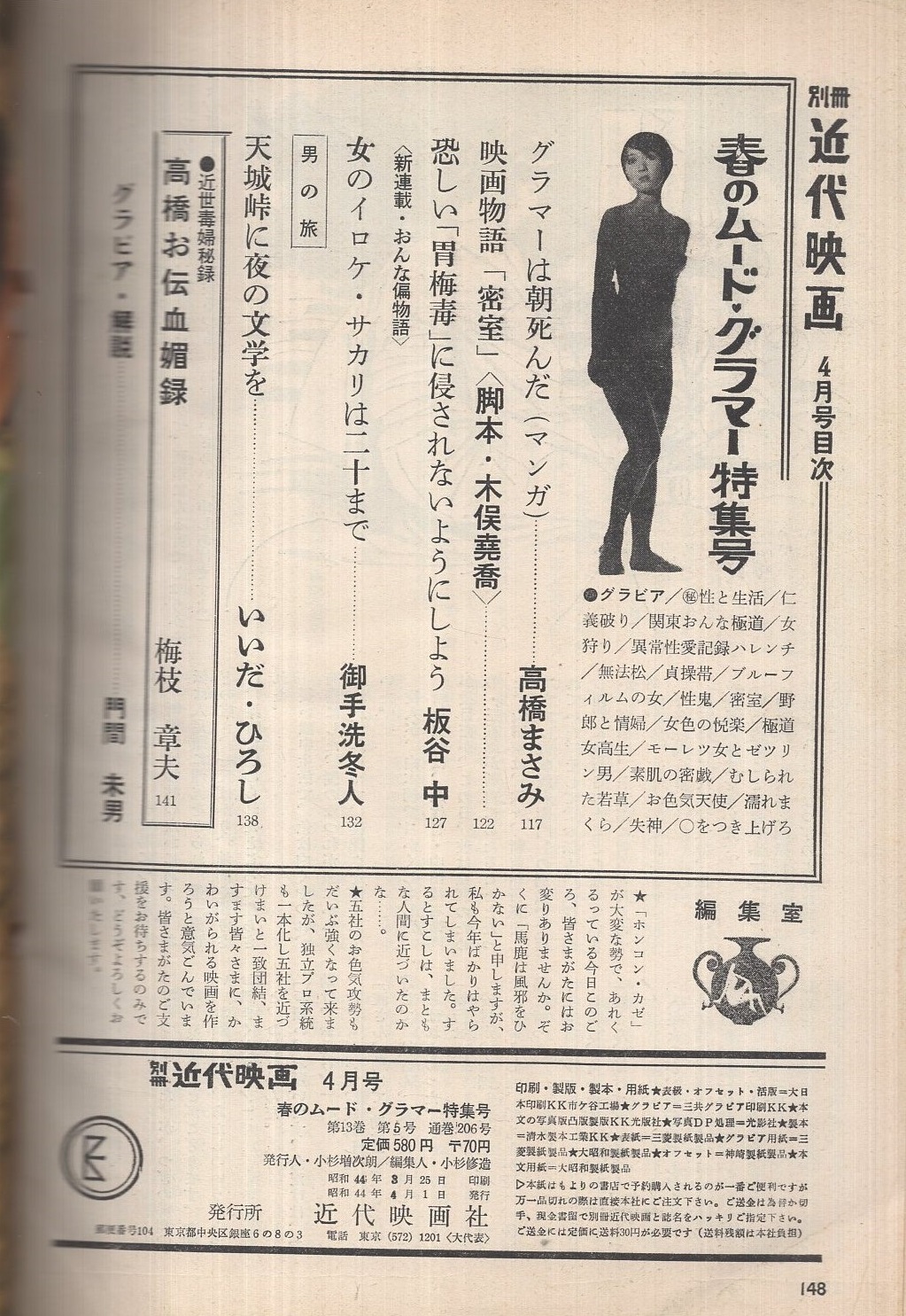 別冊近代映画 春のムード グラマー特集号 昭和44年4月号 表紙モデル 小島マリ 梅枝章夫 近世毒婦秘録 高橋お伝血媚録 相原香織 中原かほる 各カラー2頁 壷良子 一星ケミ 白川和子 各モノクロ1頁 六邦映画製作 好色一代 無法松 モノクロ11頁