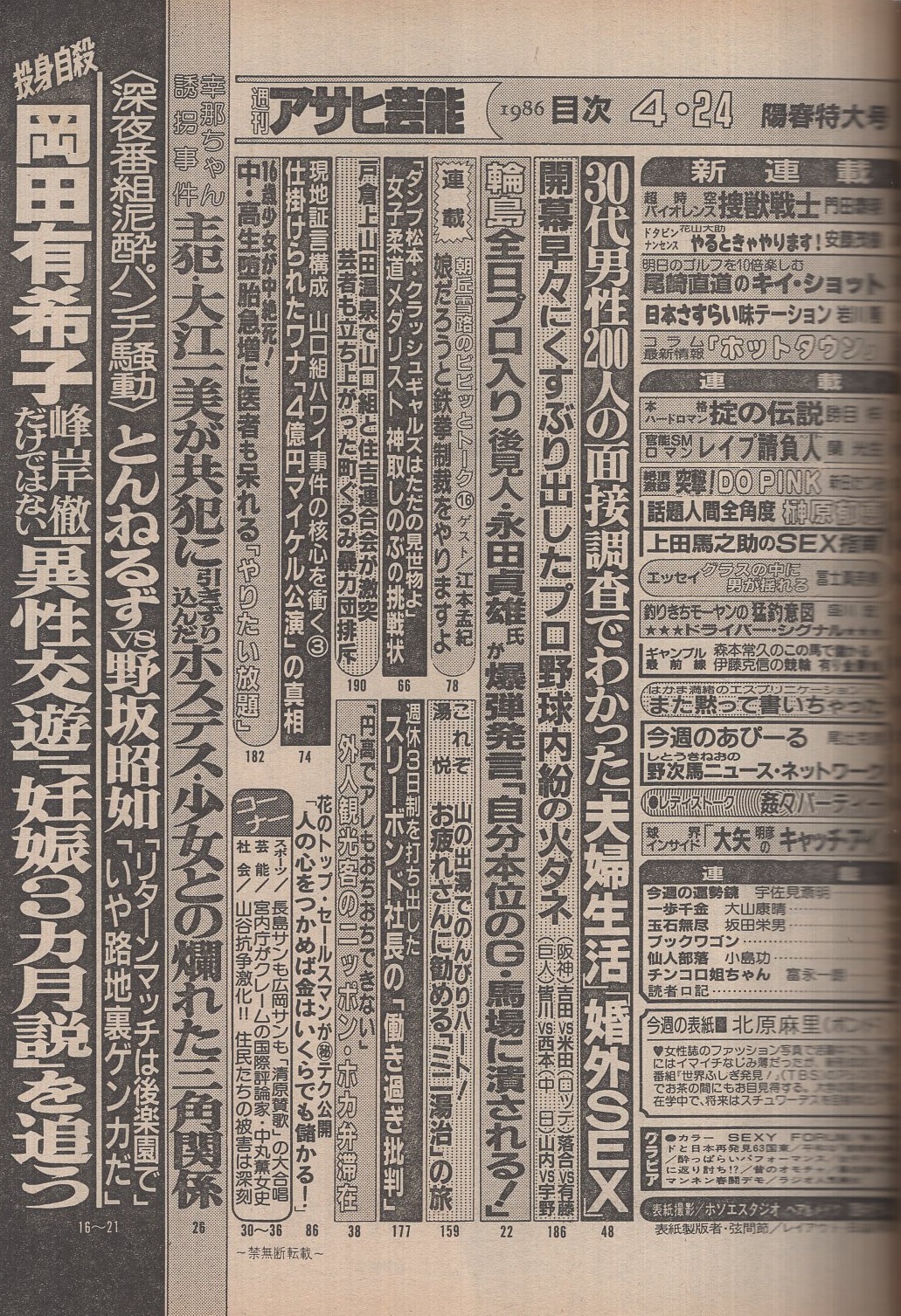 週刊アサヒ芸能 昭和61年4月24日号 表紙モデル・北原麻里(〈今陽子