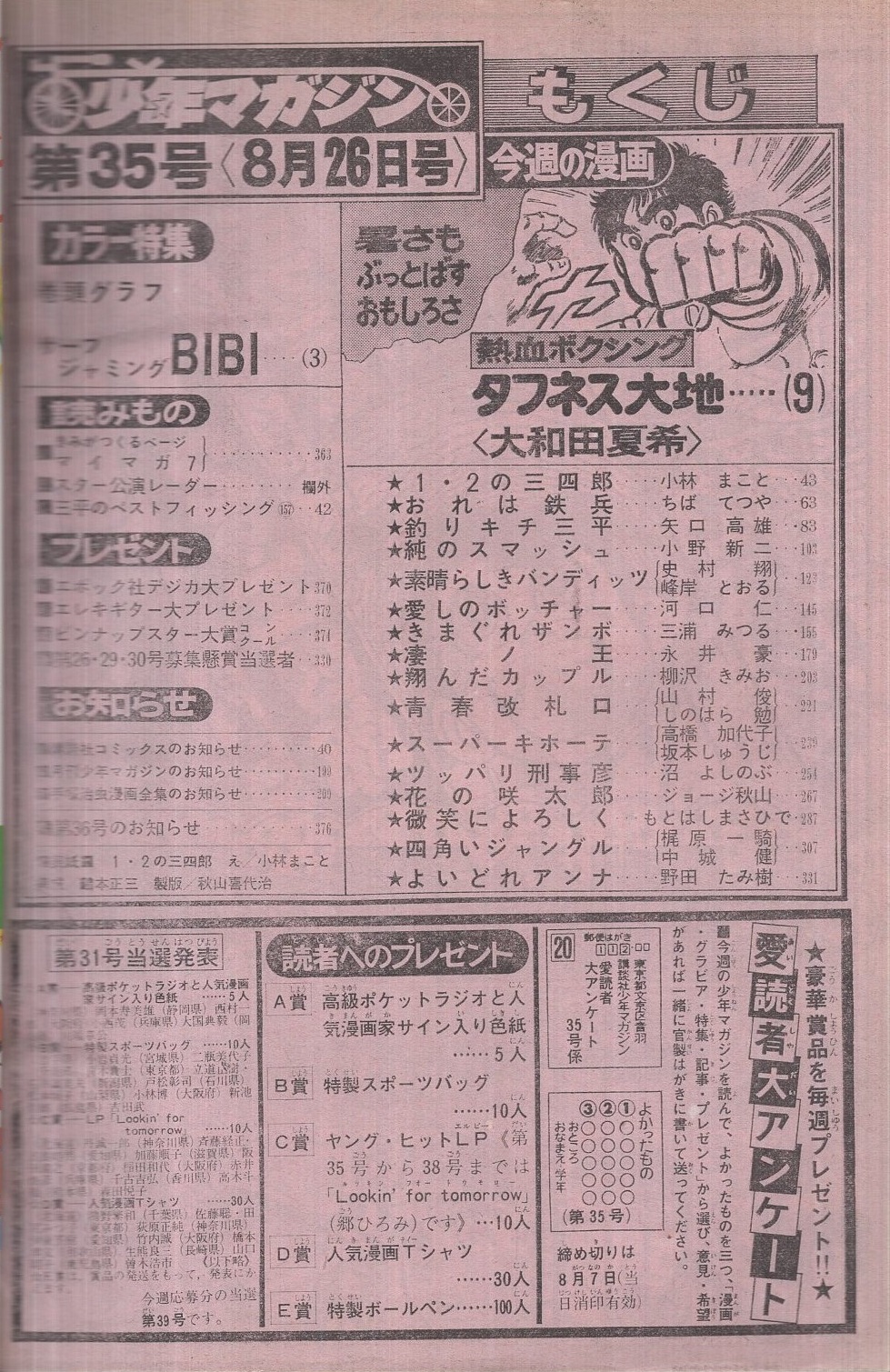 週刊少年マガジン 昭和54年35号 昭和54年8月26日号 表紙画 小林まこと 1 2の三四郎 カラー特集 巻頭グラフ サーフジャミングbibi カラー5頁 読切 野田たみ樹 よいどれアンナ 連載 大和田夏希 小林まこと ちばてつや 矢口高雄 小野新二 峰岸