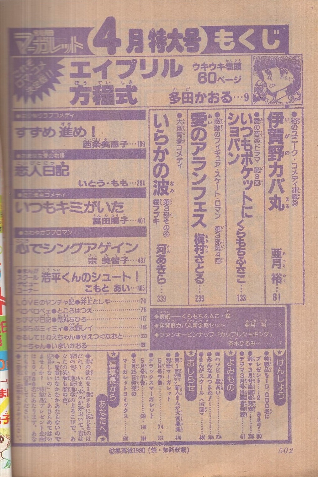 別冊マーガレット 昭和55年4月号 表紙画・くらもちふさこ 別冊マーガレット 昭和55年4月号 表紙画・くらもちふさこ